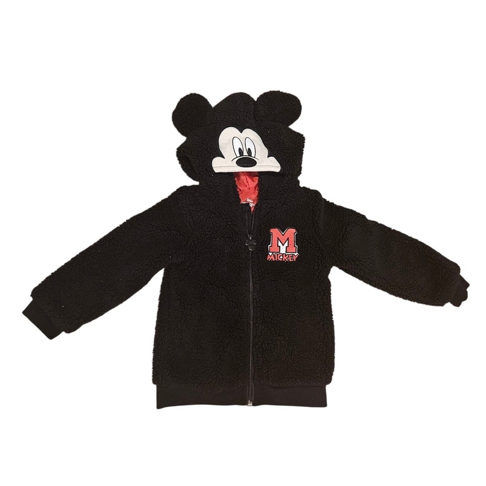 Disney Junior Mickey Mouse Boys Black Sherpa Fleece Full Zip Hoodie 3D Ears 4T